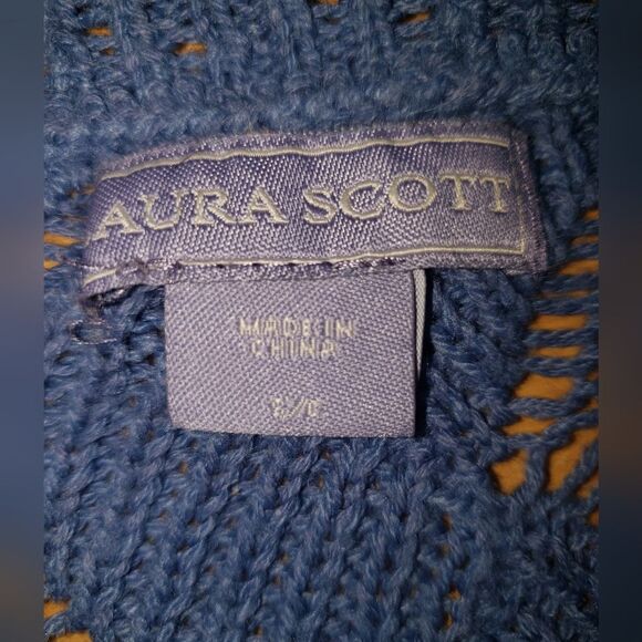 Laura Scott Pointelle Knit Sweater – Heather Blue, Size Small Scalloped Crew - Picture 3 of 7